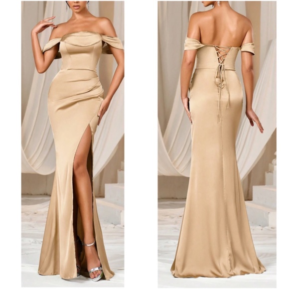 Luxe Satin Off Shoulder Lace up Split Thigh Formal Party Wedding Dress - Picture 6 of 6